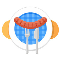 Sausage with Plate and Cutlery Flat Vector