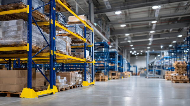 Empty warehouse shelving with metal racks in spacious industrial building highlights back haul cost and efficient storage solutions, cinematic wide shot of expansive warehouse inte