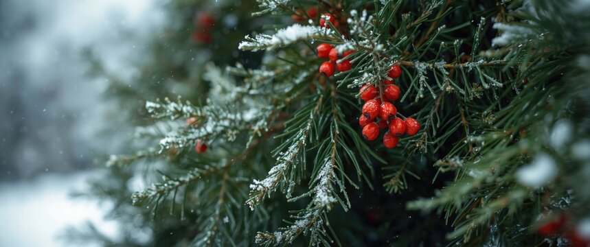 Winter European yew (Taxus baccata) with red berry fruits and snow, macro close-up banner