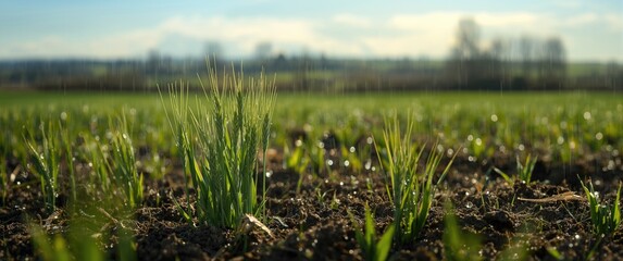 Obraz premium Winter Wheat Young Shoots in Bright Spring Day Following Rain