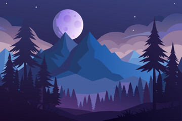 Fototapeta premium Minimal Night Forest with Tall Simplified Tree Silhouettes Under a Large Moon trees mountains