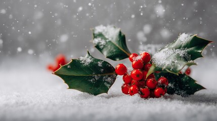 Macro 2K ultra-high definition shot of red holly berries and green leaves covered in fresh snow on a bush, showcasing vibrant winter nature details with crisp clarity.