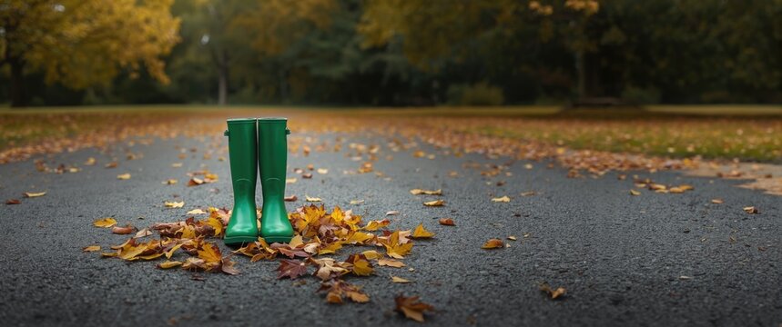 Green boots in fall among leaves on the garden's asphalt