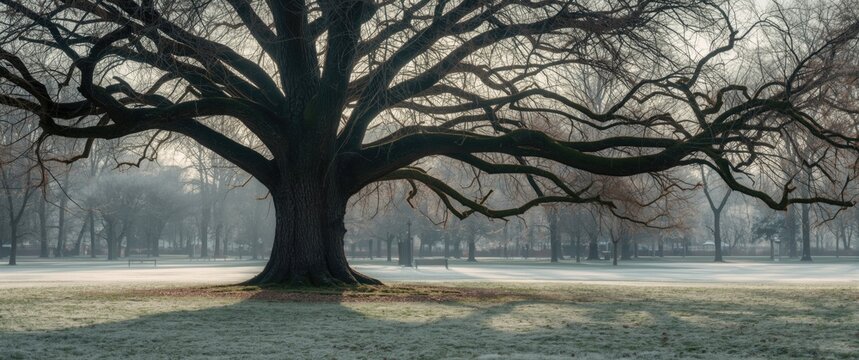 A winter day scene featuring a mighty oak tree in a park clearing