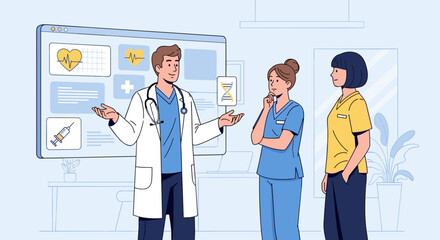 Medical meeting of doctors in front of interactive board for healthcare training and seminars