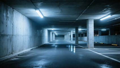 Empty underground parking garage with blue lights and reflections. Urban industrial space with dramatic perspective ideal for background and modern city concepts.