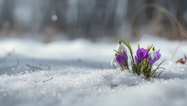 Early spring flowers, snowdrops and violet crocuses, breaking through snow cover, used as a layout backdrop for seasonal themes