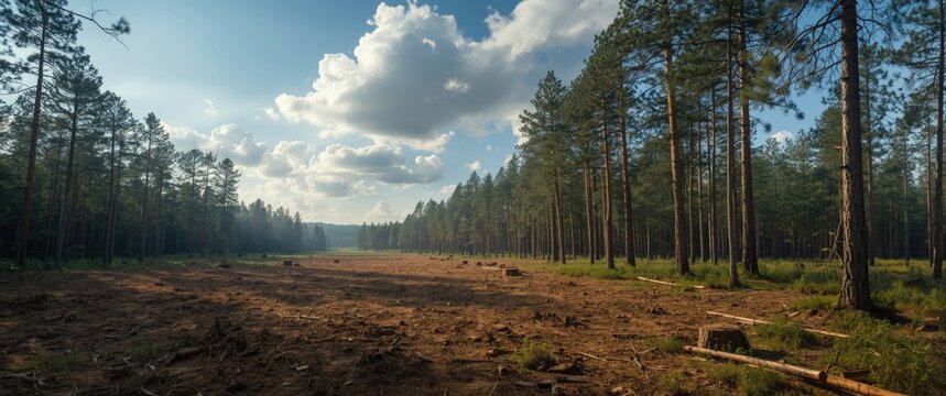 Cleared spacious area within a coniferous woodland