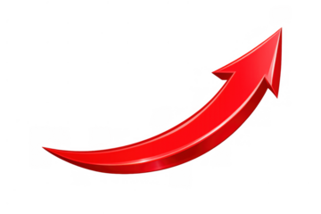 Red glossy 3d arrow showing an upward curve, representing progress, investment returns, and a positive outlook. Transparent background