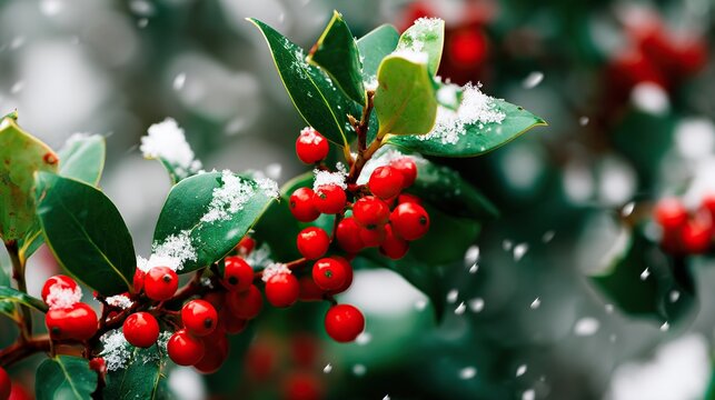 Macro 2K ultra-high definition shot of red holly berries and green leaves covered in fresh snow on a bush, showcasing vibrant winter nature details with crisp clarity.