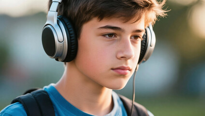 Portrait of a teenage boy wearing headphones and listening to music. Youth lifestyle technology audio entertainment and modern communication concept.
