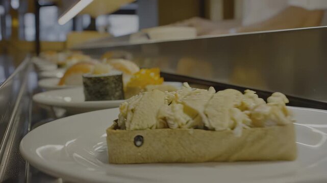Sushi preparation process showcasing salmon nigiri and assorted rolls on plates, with a chef in the background preparing additional sushi for serving
