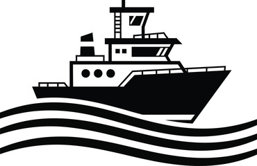 Fototapeta premium A bold black and white graphic illustration of a workboat or tugboat sailing on stylized ocean waves.