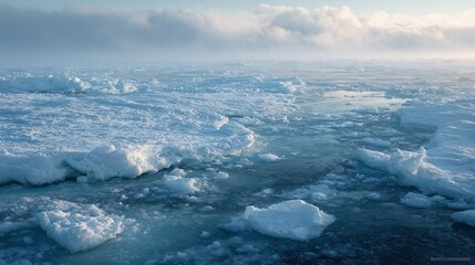 Obraz premium Calm polar seascape showing blue ice and pack ice across a frozen Arctic ocean