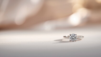 Detailed view of an engagement ring with a blurred backdrop highlighting craftsmanship, ideal for bridal accessories