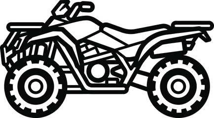 A bold black and white line art illustration of a modern ATV quad bike in a side profile view. © Vhya
