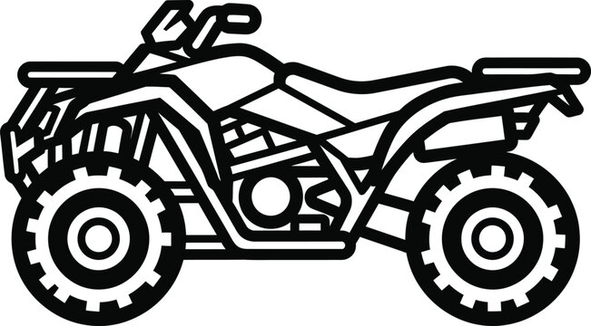 A bold black and white line art illustration of a modern ATV quad bike in a side profile view.