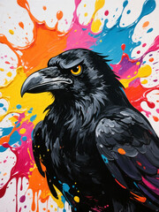 Artistic raven illustration with colorful paint splashes. Modern expressive artwork symbolizing mystery creativity power and bold artistic expression.