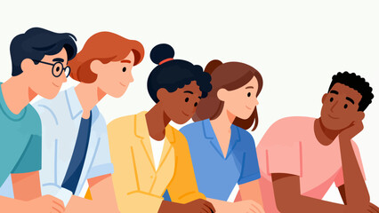 Obraz premium A group of people are sitting together, one of them is wearing glasses. The group is diverse, with people of different races and genders. Scene is friendly and welcoming