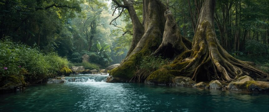 Khao Kram Waterfall's water creek in dense jungle green forest, Phatthalung province, Thailand