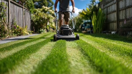 Casual backyard lawn mowing: a sunny day scene with a person pushing a lawn mower across a well-kept grass lawn