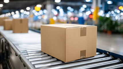 Open cardboard box on conveyor belt in warehouse with back haul cost efficiency focus for logistics and supply chain management, close-up on corrugated cardboard texture and folded