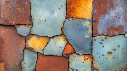 Close up abstract texture of weathered and rusted metal fragments with blue and orange patina
