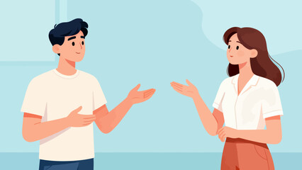 Fototapeta premium A man and a woman are talking to each other. The man is wearing a white shirt and the woman is wearing a white shirt and a skirt. They are both looking at each other