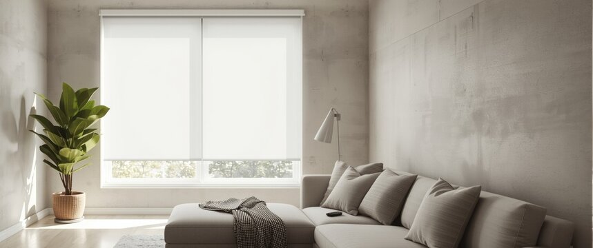 Living room decor showcasing roller blinds: white shades on the window, complemented by a houseplant, sofa, and control panel nearby