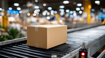 Open cardboard box on conveyor belt in warehouse with back haul cost efficiency focus for logistics and supply chain management, side view capturing conveyor motion and box stabili