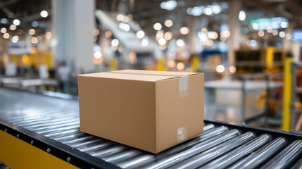 Open cardboard box on conveyor belt in warehouse with back haul cost efficiency focus for logistics and supply chain management, minimalist industrial composition with negative spa