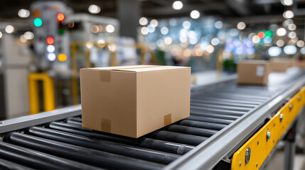Open cardboard box on conveyor belt in warehouse with back haul cost efficiency focus for logistics and supply chain management, side view capturing conveyor motion and box stabili