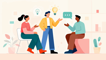 Three people are sitting in a room, one of them is talking to the other two. The man in the middle is wearing a yellow jacket and has a light bulb on his head