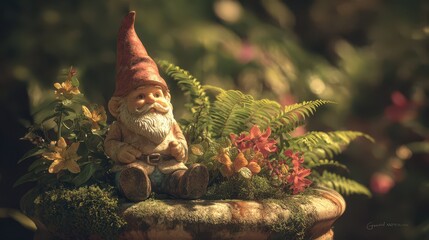 Charming garden gnome statue in a sunlit yard among lush greenery and blooming flowers