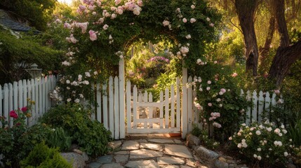 Fototapeta premium Charming garden entrance with white gate, lush greenery, and blooming climbers