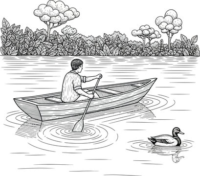 A lone figure in a handdrawn vintage engraving style rowing a small wooden boat with a single oar on calm rippling water.