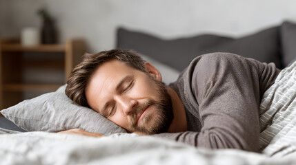 Sleep man resting on pillow in comfortable bed, showing calm atmosphere, relaxation, healthy sleep routine, and cozy home interior