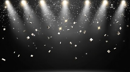 Confetti falls under bright spotlights creating a celebratory and festive atmosphere on a dark background