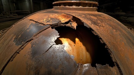 Close up of a large industrial container with significant rust and broken sections showing aged metal texture