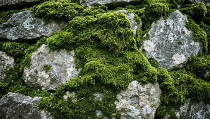 Natural stone wall covered with green moss. Organic texture background symbolizing nature growth age sustainability and rustic outdoor surfaces.