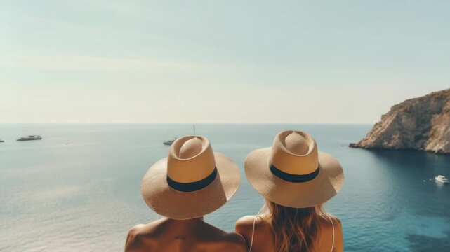A couple standing together on a cliff overlooking the sea with boats in the background, wearing matching straw hats for protection from the sun.