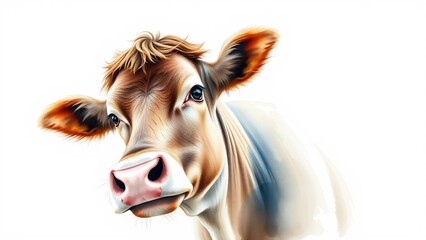 Detailed watercolor cow portrait on white background with soft paint effects and copy space. Farm animal illustration ideal for rural decor and agricultural designs.
