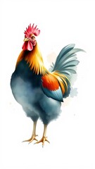 Colorful watercolor rooster illustration on white background with copy space. Farm animal artwork perfect for rustic decor children books and country style designs.