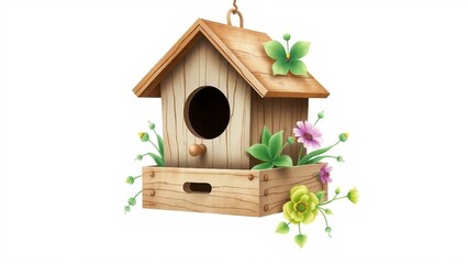 Whimsical watercolor illustration of a wooden birdhouse transformed into a planter with green plants and flowers. Charming spring artwork with white background and copy space.