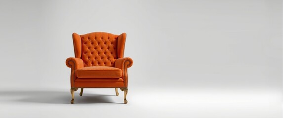 Fototapeta premium Classical art deco style armchair featuring orange quilted fabric and brass legs, isolated on white background with clipping path
