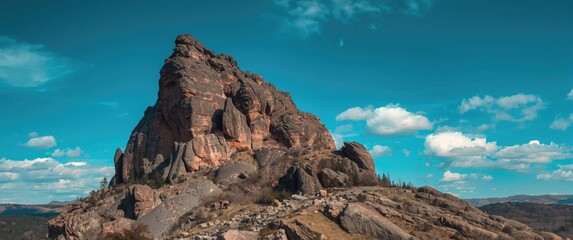 Natural boulder stone mountain with a rock podium and blue sky background