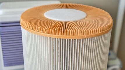 Close up of a clean air filtration unit with pleated filter and orange casing
