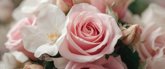 Festive begonia and pink summer roses blooming delicately against a pastel background, floral bouquet card with selective focus