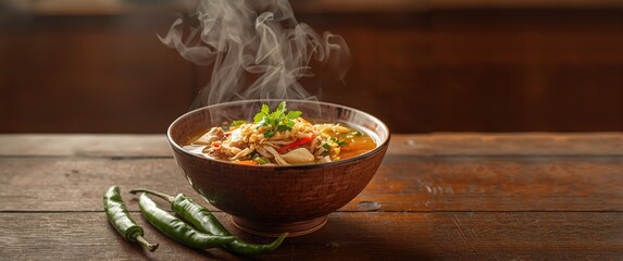 Delicious Egg Noodle Soup in a Bowl with Fresh Vegetables, Shredded Chicken, and Crispy Fried Shallots, Served with Spicy Green Chilies