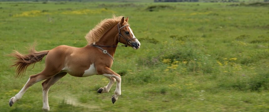 Arabian horse in full gallop with Pinto markings